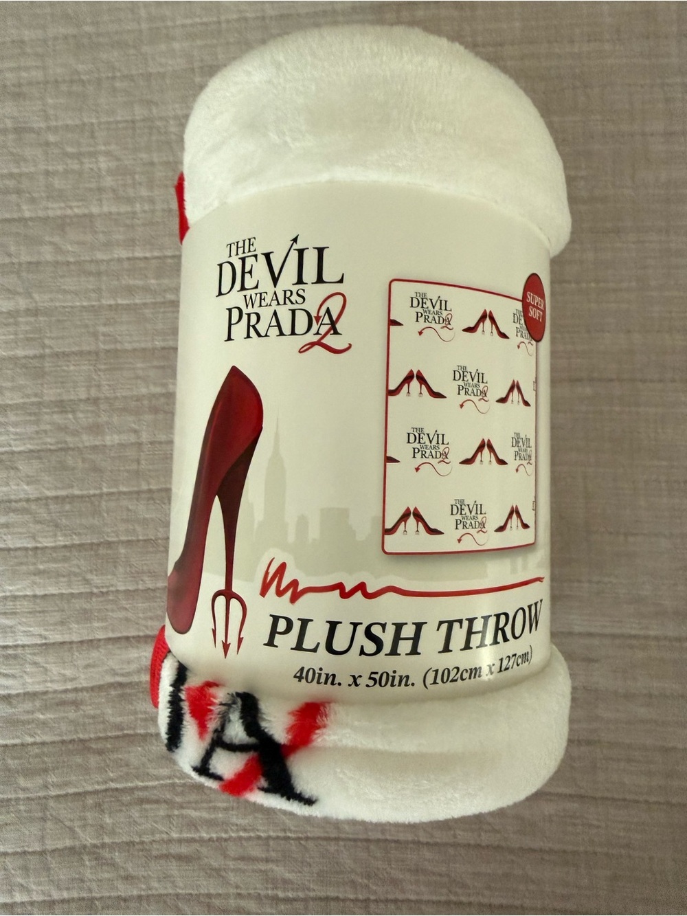 The Devil Wears Prada 2 - White Throw with Red Heels and Black logo pattern